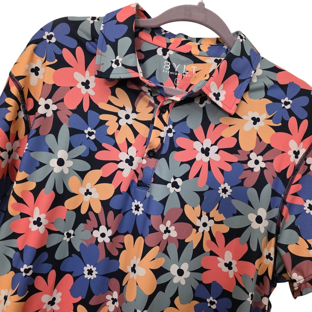 BYLT Premium Basics Mens Large Floral Daisy Polo Shirt Multi Color Performance